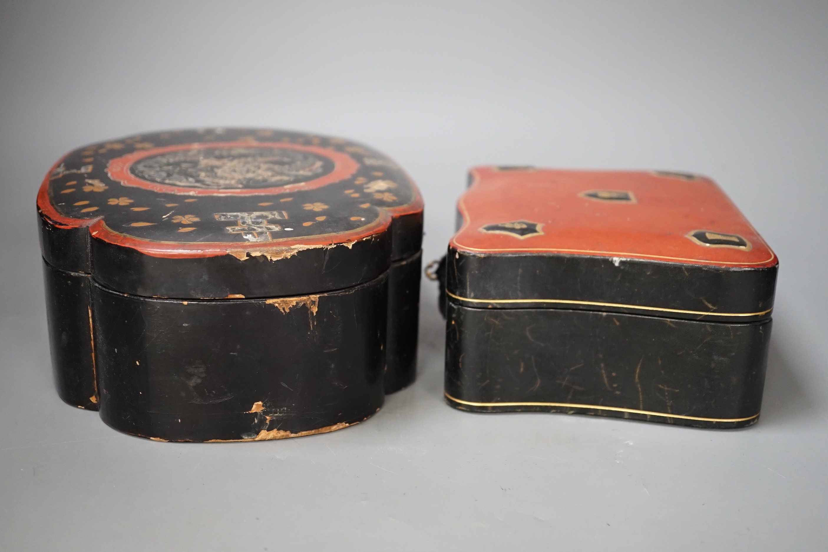 A French leather mounted serpentine glove box and a Japanese lacquer box. Largest 26.5cm wide